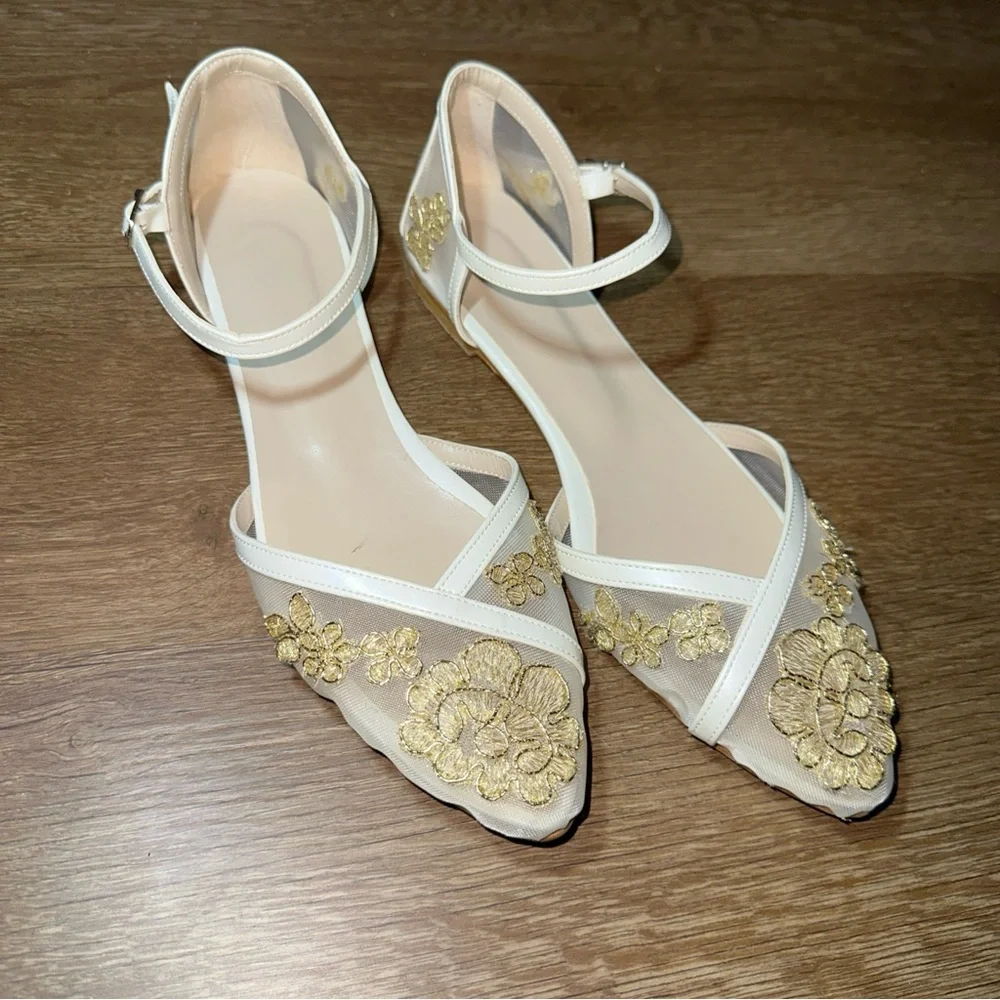 Bridal Ivory Gold Floral Flats Pointed Toe Ankle‎ Strap 42.5